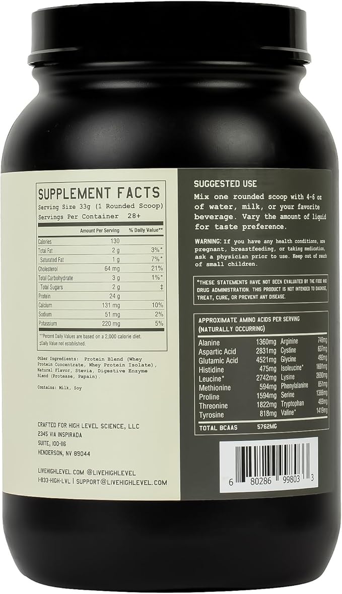 High Level Whey Protein Powder Vanilla Stevia ??Natural Whey Protein, Ultra Filtered, Non-GMO, 24g Protein, Digestive Enzymes, No Artificial Flavors or Colors, Gluten Free, 2 lb Bottle, Made in USA