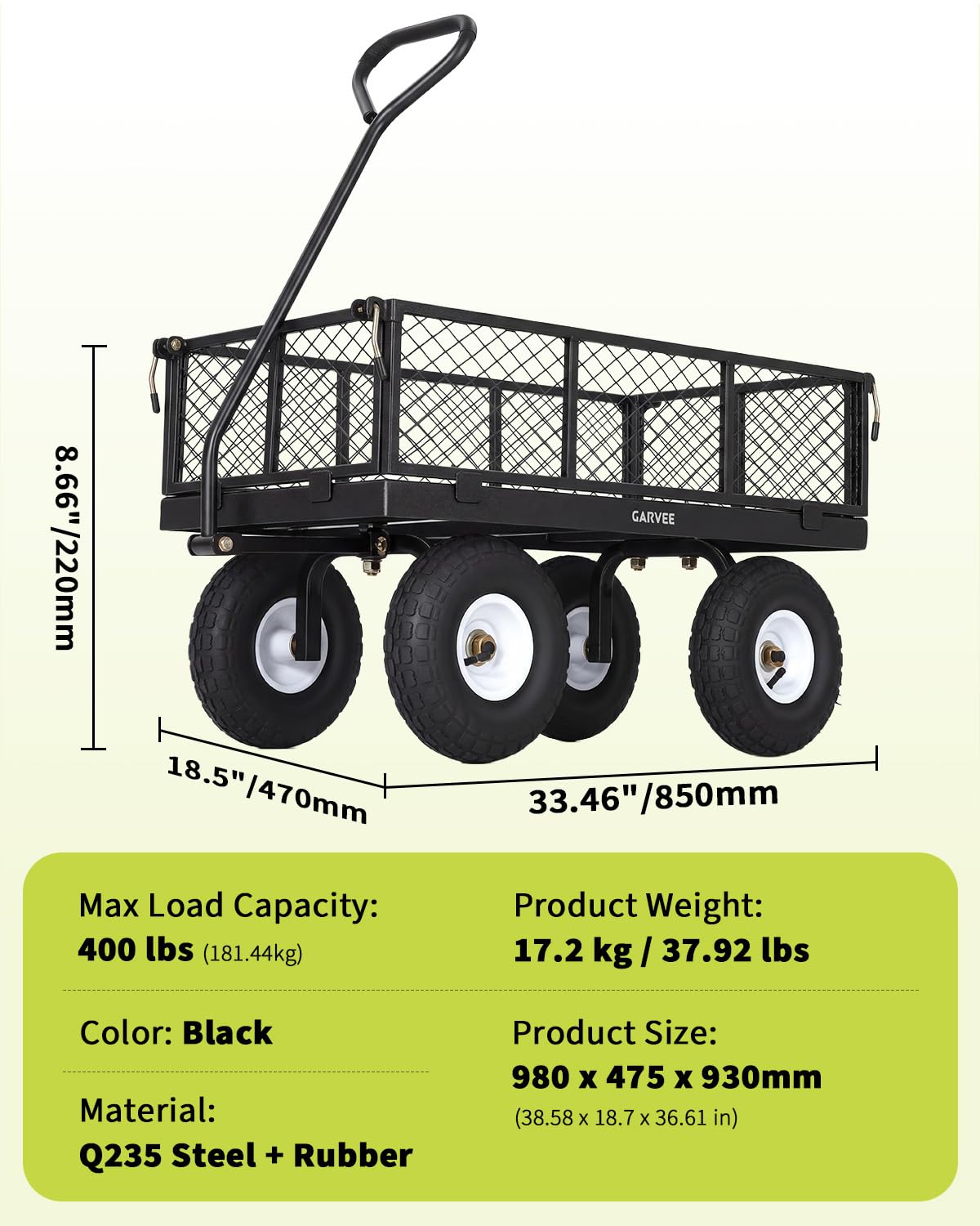 Garvee Versatile Outdoor Utility Cart - 400LBS Heavy-Duty, 10" All-Terrain Pneumatic Tires, Easy Maneuverable Lawn Cart with Removable Mesh Panels for Gardening & Landscaping，Black