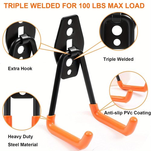 Heavy Duty Garage Hooks - 16 Pack Industrial Wall Mount Storage for Bikes, Ladders & Tools | 100 LBS Capacity, Orange