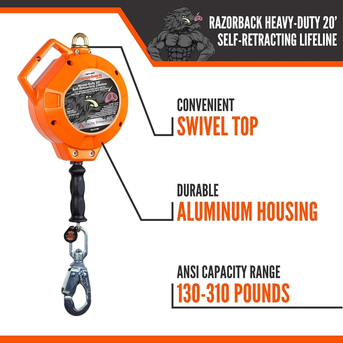 Malta Dynamics Razorback Heavy-Duty Self Retracting Lifeline, Quick-Action Braking System, Galvanized YoYo Cable, Fall Protection Retractable Safety Harness Lanyard - OSHA/ANSI Compliant (30 Foot)