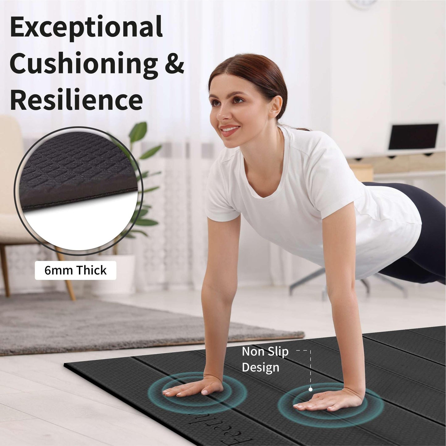 Feetlu Foldable Large Yoga Mat: Extra 1/4 Inch Thick Workout Mat for Home Gym and Travel - Anti-Slip Folding Exercise Mat for Yoga, Pilates, and More