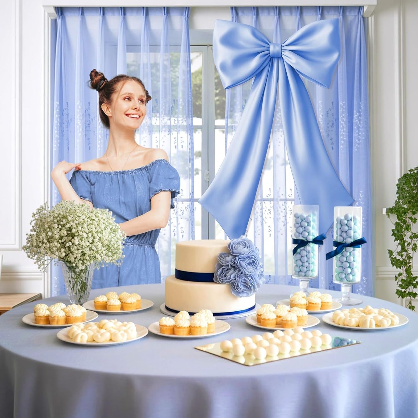 Skiennix Blue Bow Decor - 2 Pack Large & Small Coquette Wall Backdrop for Valentine's Day & Weddings