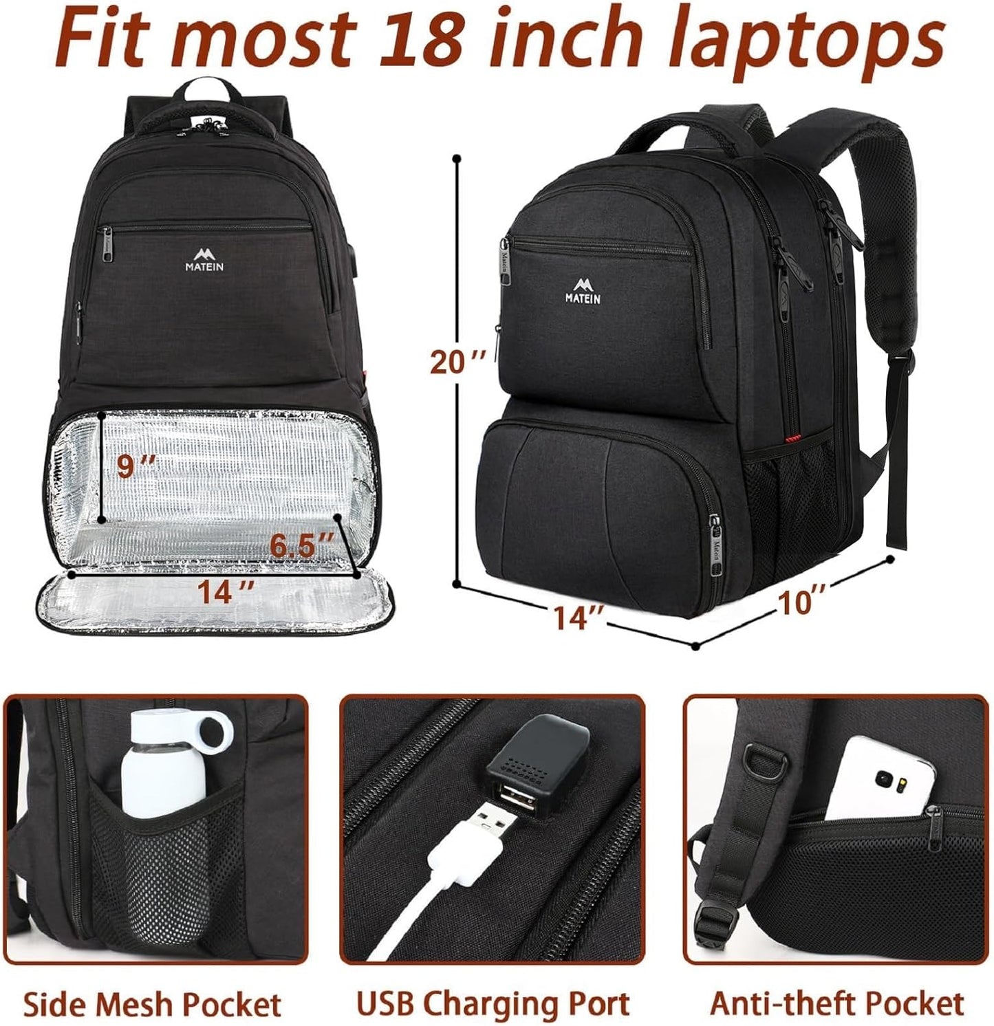 Backpack 18 Inch Backpack pack MATEIN Lunch for Men, Large Insulated Cooler with Lunch Compartment, Water Resistant