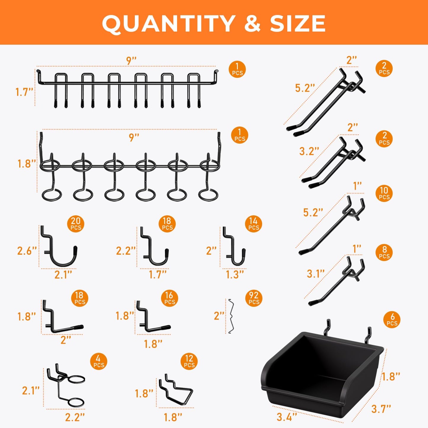 INCLY 220PCS Extra Thick Pegboard Accessories Organizer Kit for 1/4 Inch Pegboard, Heavy Duty Black Pegboard Hooks with Bins & Peg Lock, Peg Board Hooks Assortment for Garage Wall Hanging Tools