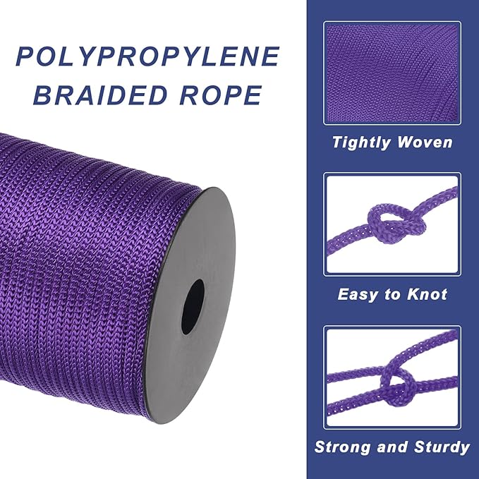 MECCANIXITY 5/32 Inch Polypropylene Rope Braided Ropes, 328ft Camping Rope Hollow Utility Cord for Clothesline, Hiking, Outdoor, Dark Purple