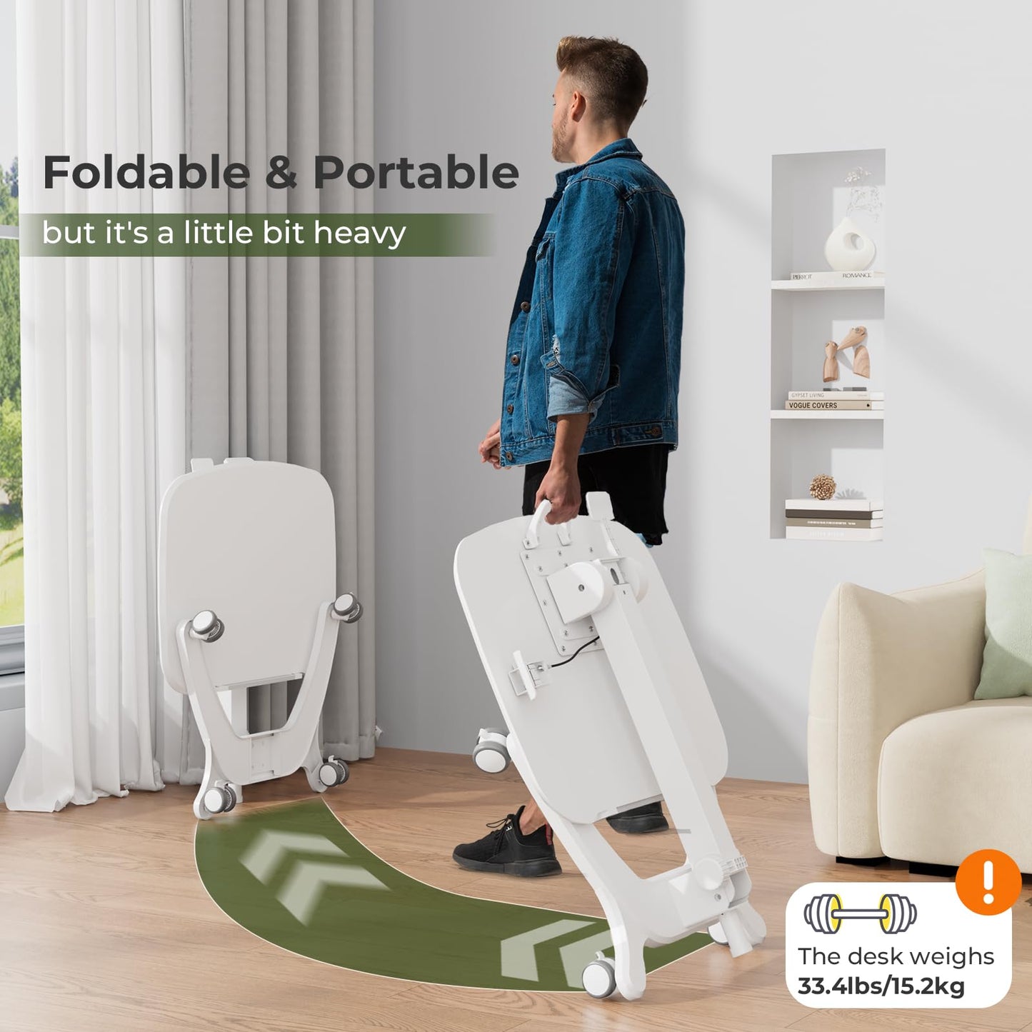 JYLH JOYSEEKER Foldable Mobile Standing Desk, 27"×21" Portable Rolling Laptop Cart with 90° Tiltable Board, Height Adjustable Workstation with Wheels, Folding Table for Home Office, White