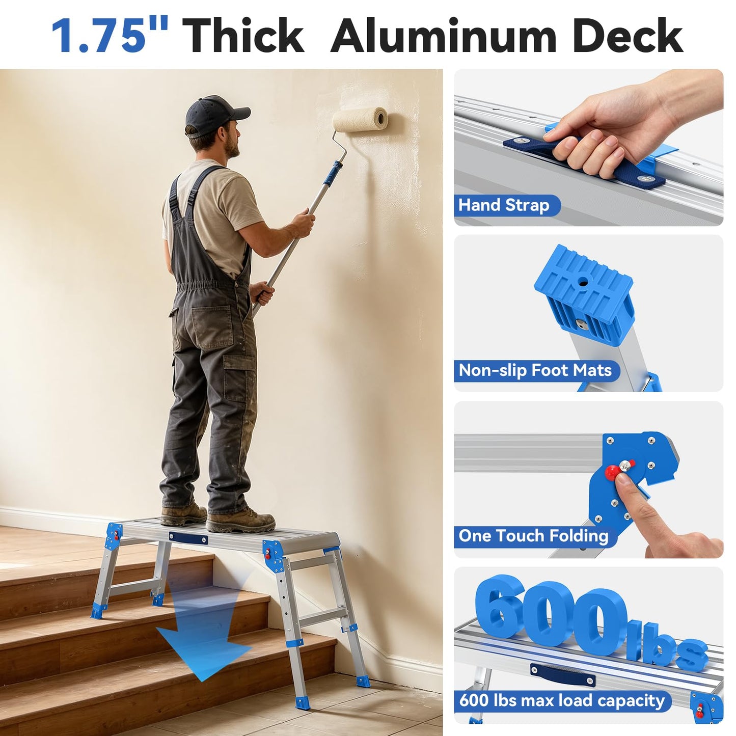 Loyoda Heavy Duty Work Platform, 600 lbs Capacity Folding Work Platform with One-Touch Automatic Fold, 4 Levels Adjustable Height, Portable Step Stool for Home Repair, Painting, Car Wash, Kitchen