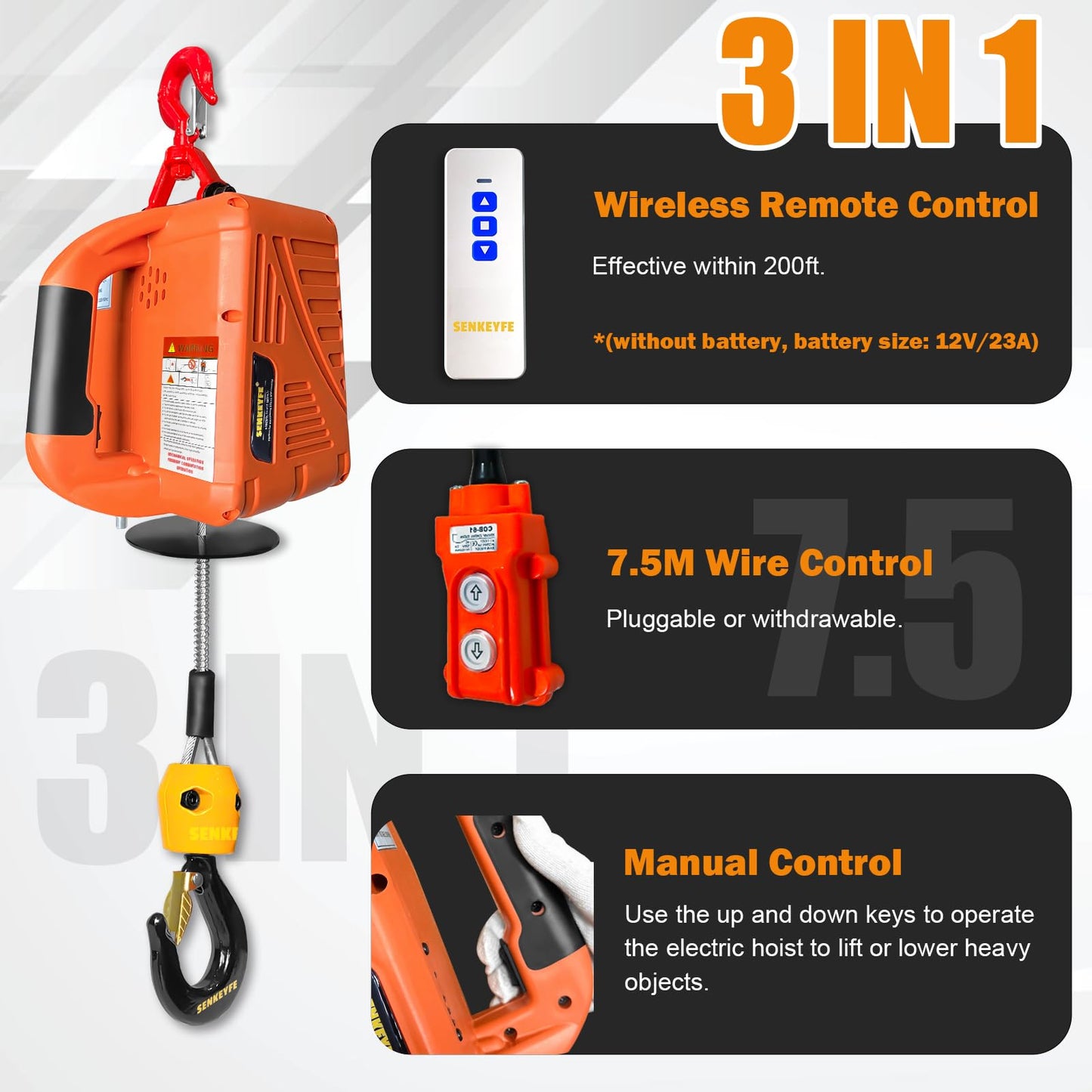 SENKEYFE Power Electric Portable Hoist Winch 1500LBS, 3 in 1 Electric Cable Hoist 110V 25 FT with Lifting Strap, Electric Hoist Lift Ceiling Winch for Lifting Towing