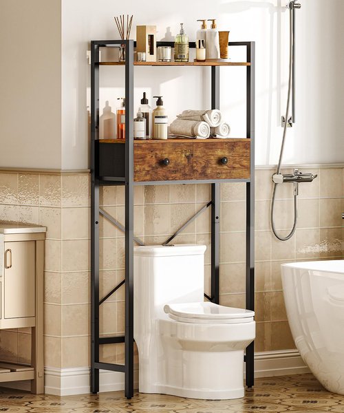 HOOBRO Over The Toilet Storage Rack with 2 Drawers, 3-Tier Bathroom Organizer Shelf Over Toilet, Freestanding Space Saver Bathroom Toilet Shelves Above Toilet for Room, Rustic Brown and Black BF47TS01