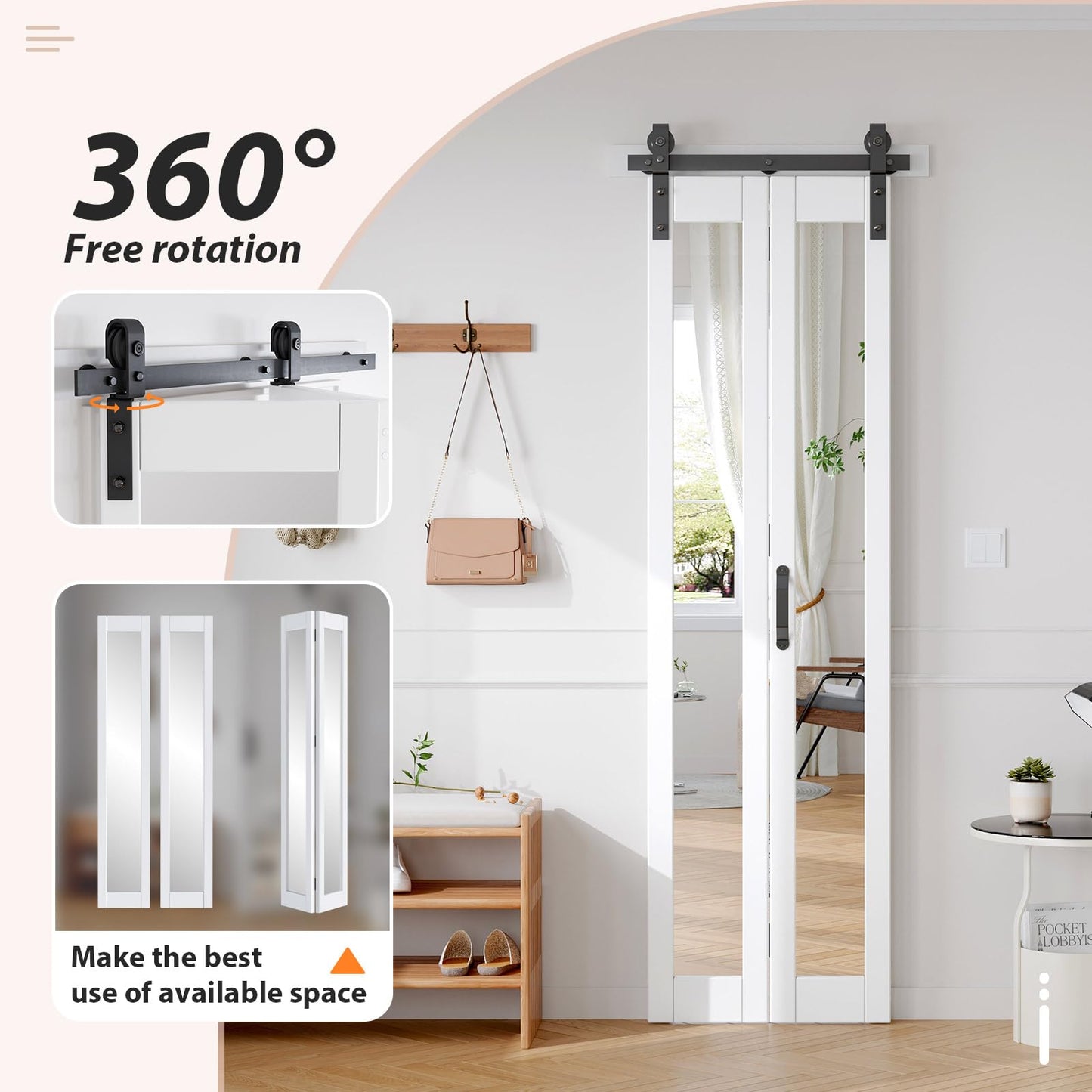 FREDBECK Preassembled Bifold Barn Door 24x84 (Double 12x84) with 1 Lites Mirror,Bi-fold Closet Doors Hardware Kit Included,28" Track for 2 Doors, PVC, White,for Living Room, Bathrooms, Kicthen