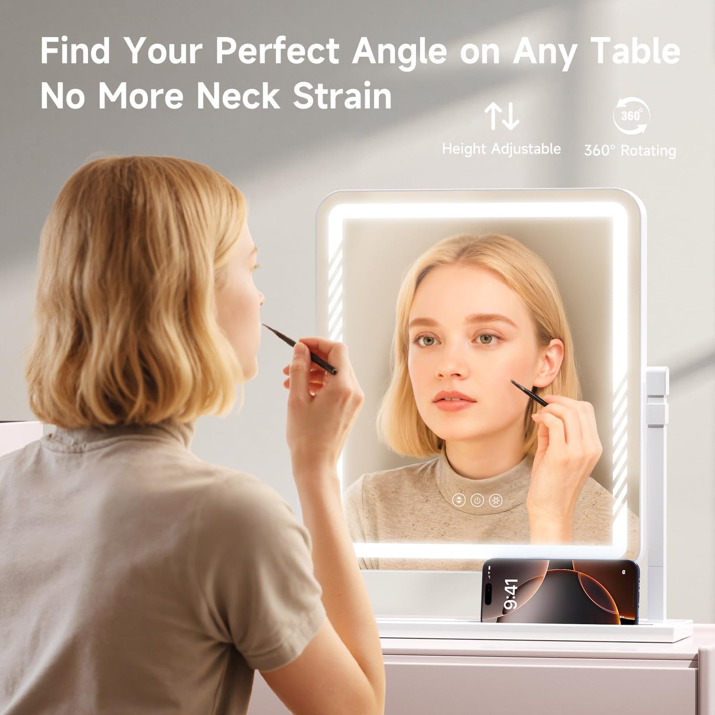 Kcavvi Makeup Mirror with Lights, Height-Adjustable & 360° Rotation, 1/10X Magnification, Three Color Lighting Modes, Vanity Mirror Smart Touch Control, Large Vanity Desk Mirror (17.5in,White)