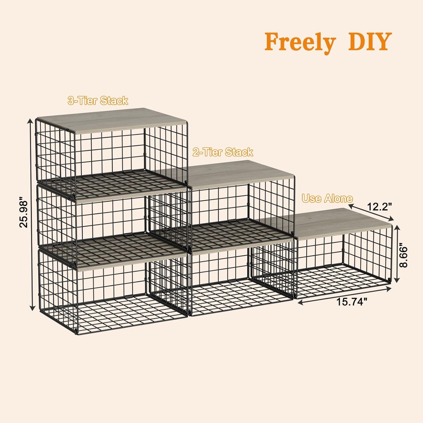 Sturdy Metal Closet Organizers by [Brand Name] - Extra-Long Stackable Storage Bins | Space-Saving Black Design, 3 Pack