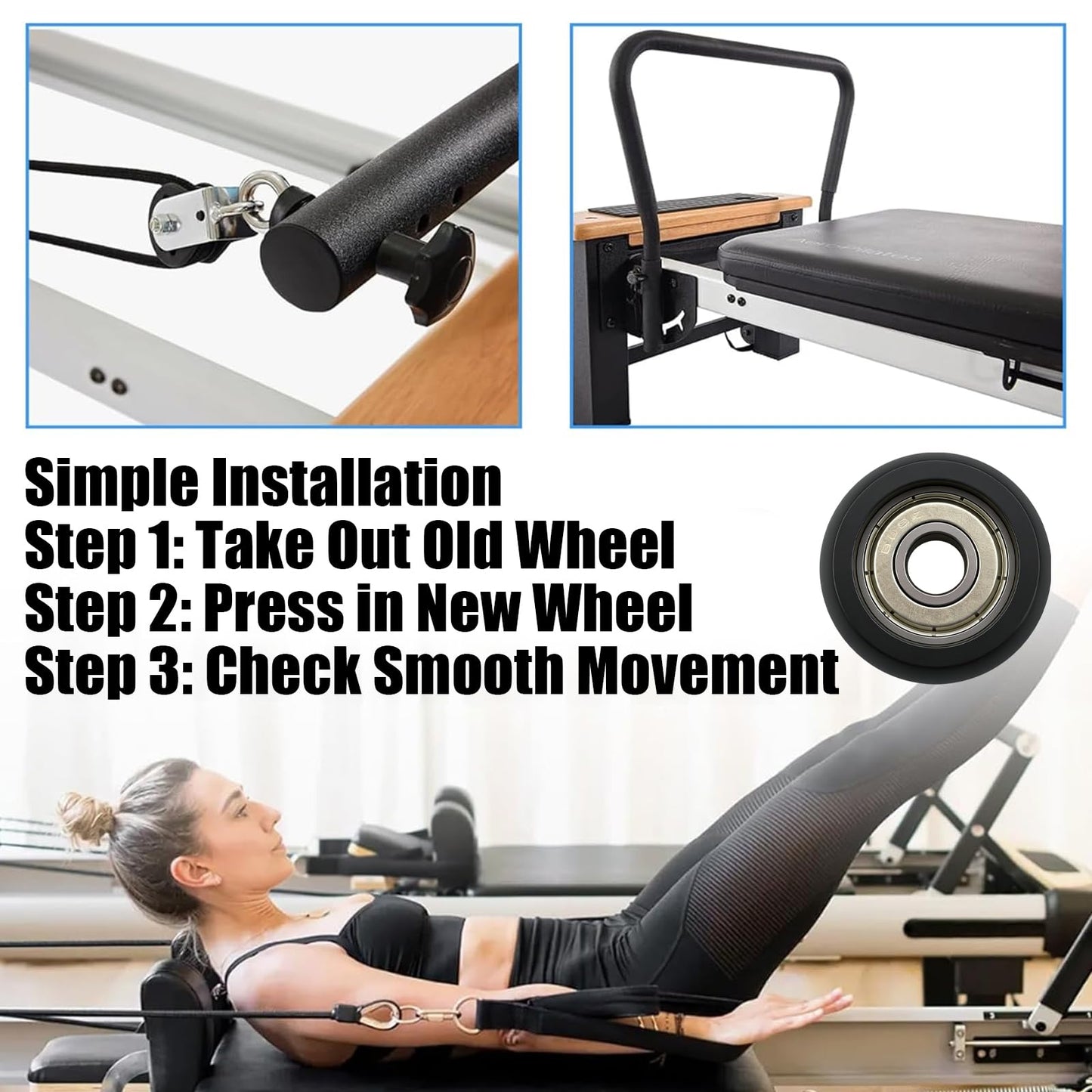 Replacement Roller Wheels Fit for Aero Pilates Reformer Machines Part Easy to Install, Smooth and Quiet Glide (4 Pack, Black)