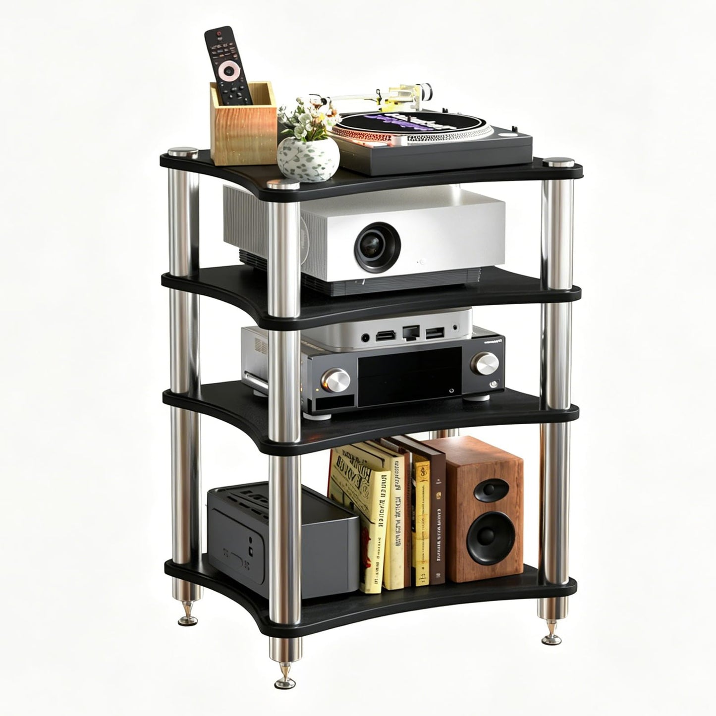 SQXLXDD 4 Tier Record Player Stand Media Cabinet, Corner Audio-Video Shelving for Entertainment, TV Stereo Stand Network Server Rack, Stereo Cabinet Media Shelf for Home Game Console DVD Player