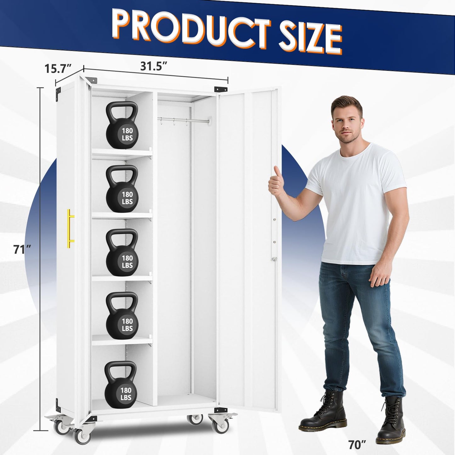 erosoei 71" Broom Storage Cabinet, Cleaning Tool Storage Cabinet, Garage Utility Storage with Hooks and Hanging Rods, Heavy Duty Garden Tool Organizer, for Home, Garage, Laundry Room, Gym, Workshop