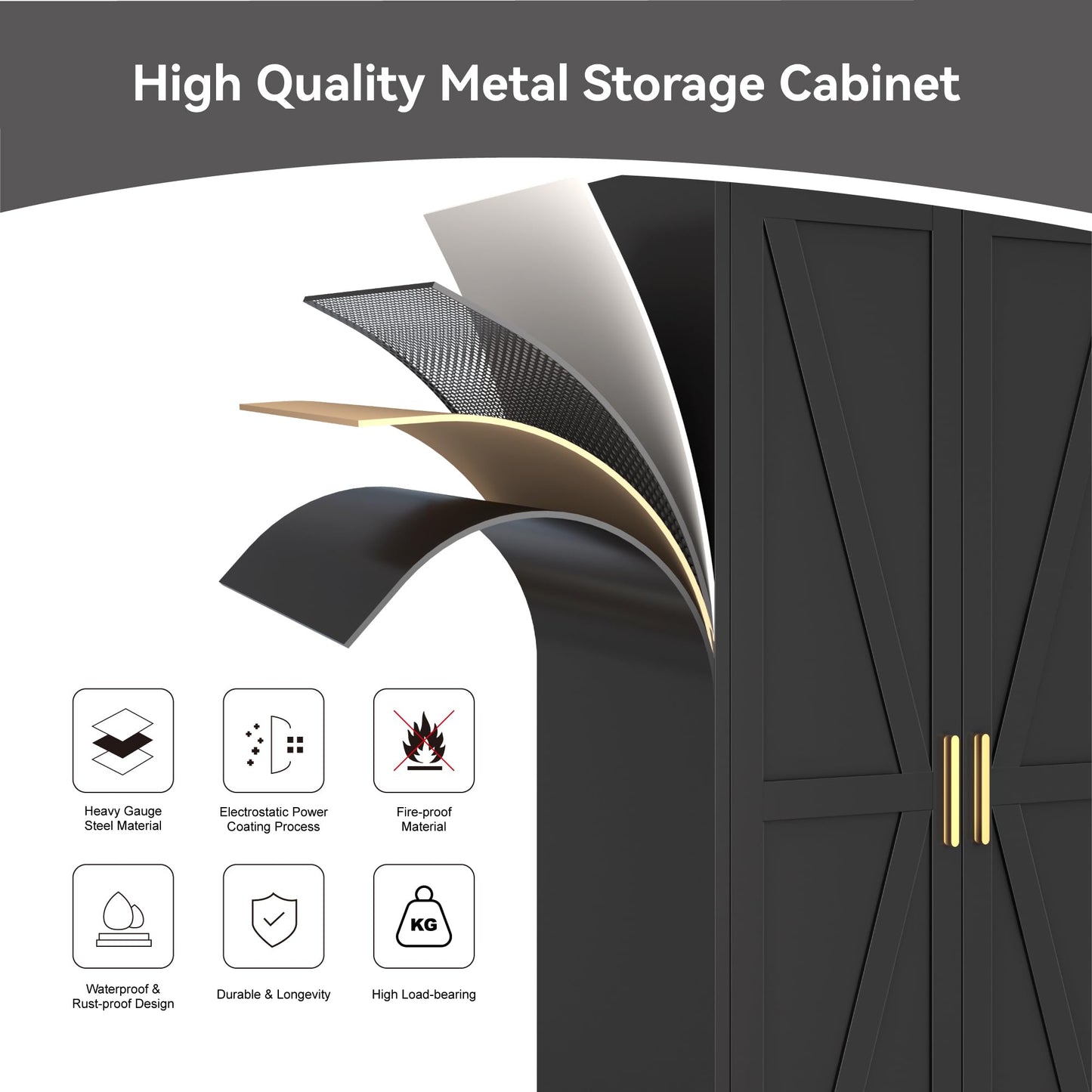 Metal Broom Closet Cabinet, Utility Storage Cabinet with 4 Shelves, Farmhouse Metal Closet with Doors, 71" Tall Storage Cabinets with Hanging Rod and Clothing Shelf for Hallway Laundry Mudroom