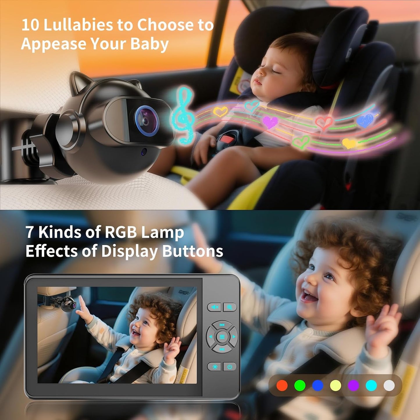 Setup 4.3'' 1080P 4X Zoom,10 360 Baby Car Camera,Plug and Play Easy HD Car Baby Monitor with Lullabies, Auto IR Night