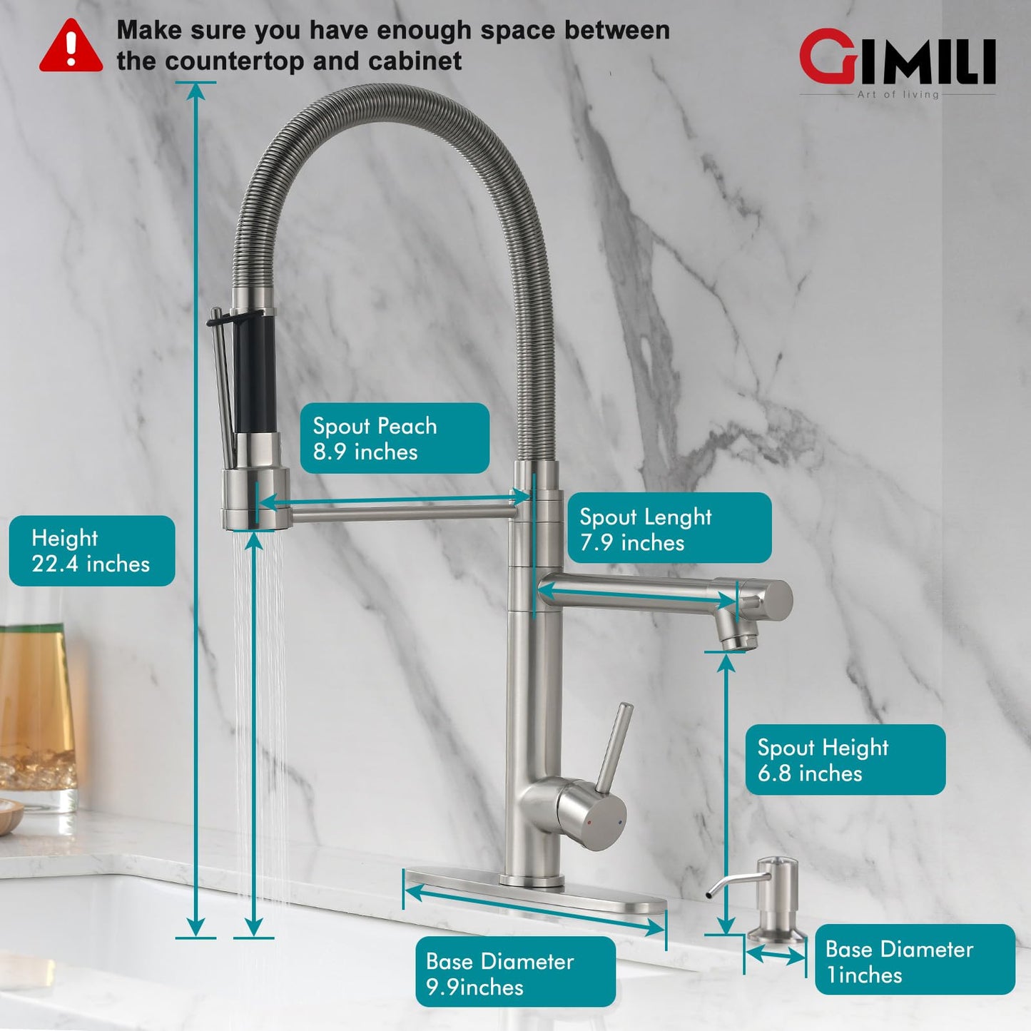 GIMILI Kitchen Faucet with Soap Dispenser Commercial Kitchen Faucet with Pull Down Sprayer Double-Headed Single Handle Spring Stainless Steel Brushed Nickel Kitchen Sink Faucet