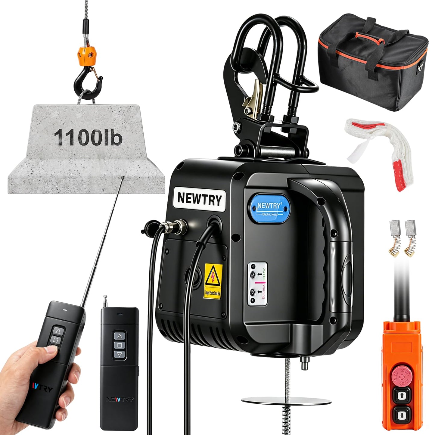 NEWTRY 1,100lb Electric Hoist Pro, Electric Winch 110v 120v, with 2 Wireless Remote Control, Cable Remote Control, Vertically & Horizontally