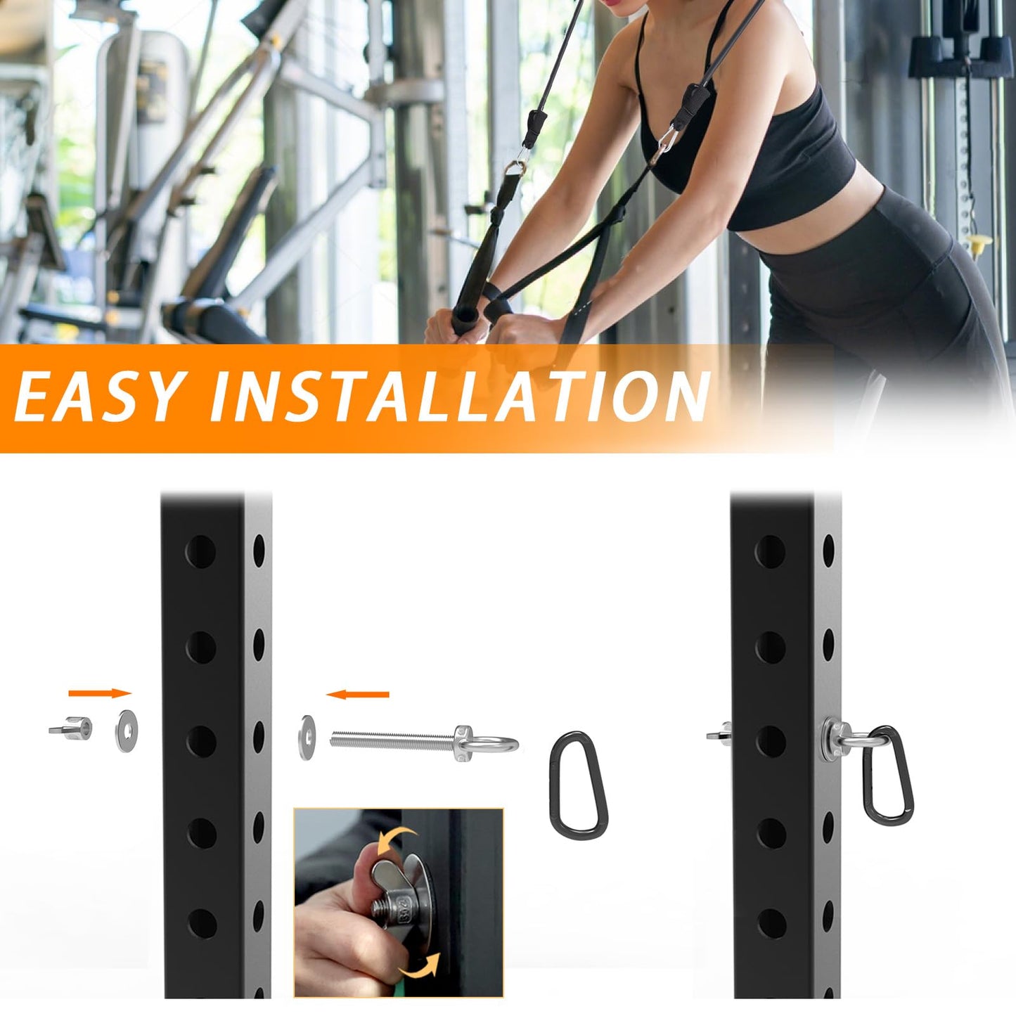 J Bryant Heavy Duty Rack Anchor – Stainless Steel Resistance Band Pegs with Large Carabiner for 5/8" & 1" Power Rack – Multi-Purpose Attachment for Strength Training & Gym Equipment Storage