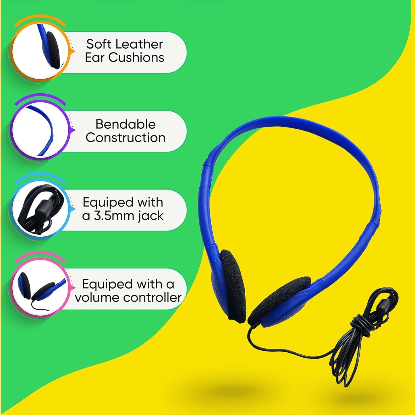 Redskypower 10 Pack 3.5mm 4ft Bulk Wired Headphones, On Ear with Jack, Tangle Free Cable, Comfortable Fit, Affordable