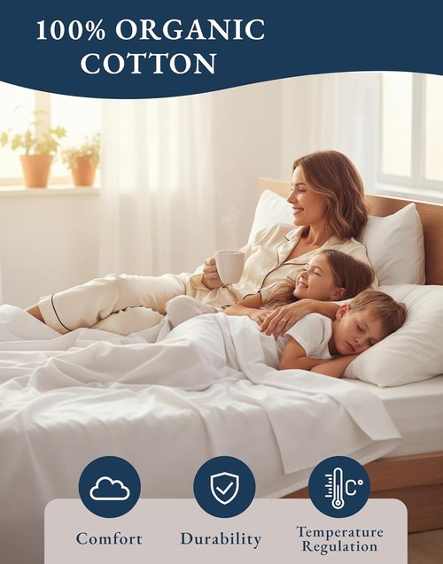 Lane Linen Eco-Friendly 100% Organic Cotton Queen Sheet Set - Soft, Comfy & Naturally Cooling | 15" Deep Pocket - White