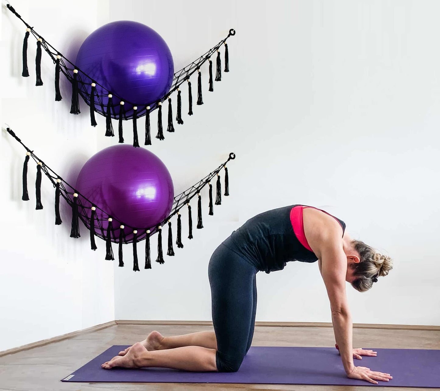 Diocos Exercise Ball Holder Wall Mounted Yoga Ball Rack Corner Hanging Net or Hammock for Fitness Ball,Balance Ball, Stability Ball Shelf for Yoga Studio and Gym