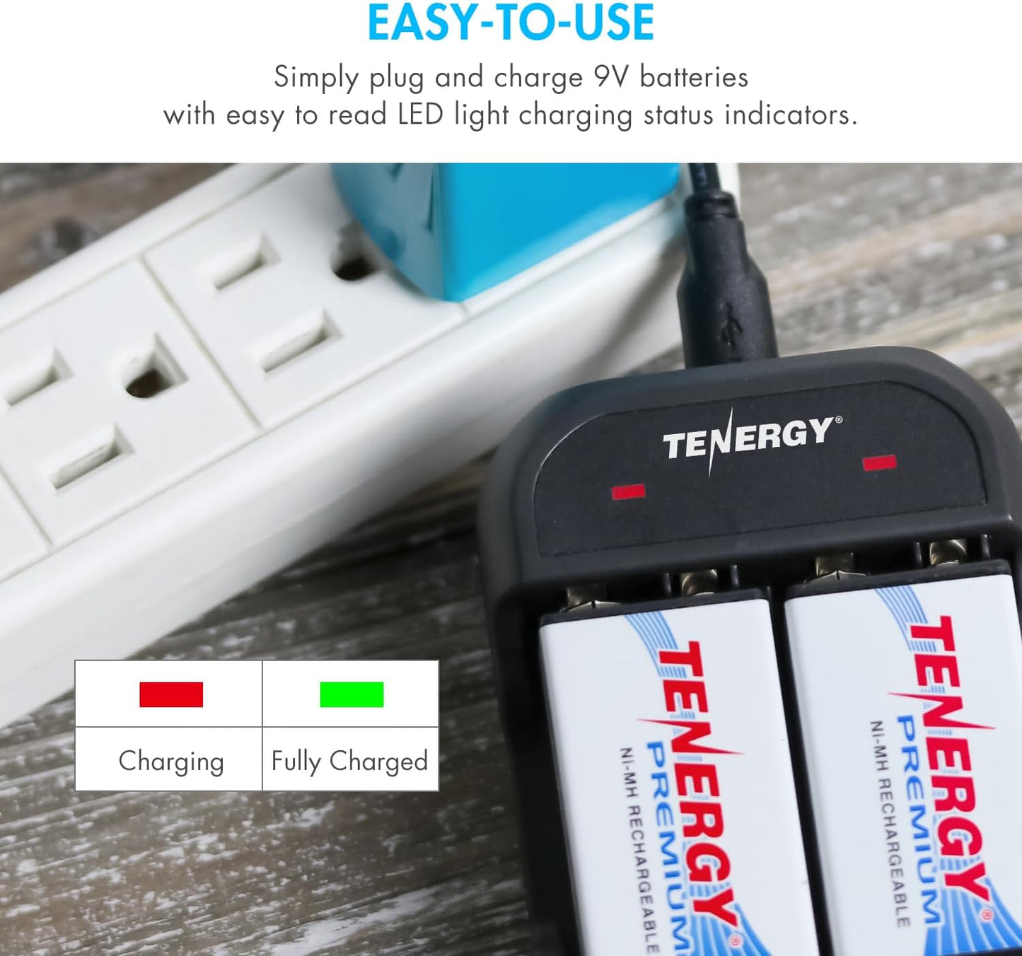 Tenergy TN141 9V 9V 9 Smart Charger for NiMH Rechargeable Batteries, Cells Battery Charger, Volt NiMH