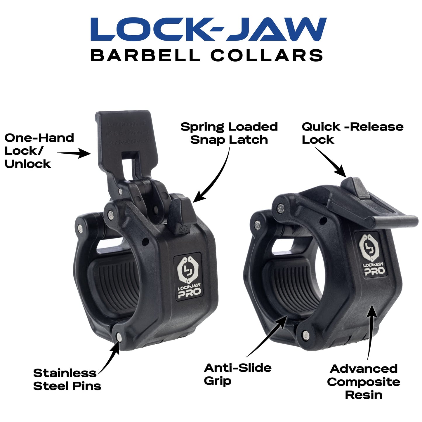 Lock-Jaw PRO 2 Barbell Collars Olympic Barbell Clamps 2 Pcs – Heavy Duty Bar Clamps for 2” & 50mm Olympic Bars – Secure Weight Bar Clamps for Strength Training & Home Gym Accessories – All Black