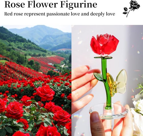 LONGWIN Crystal Red Rose Flower Figurine - Elegant Glass Spring Bouquet Home Decor Gift for Her
