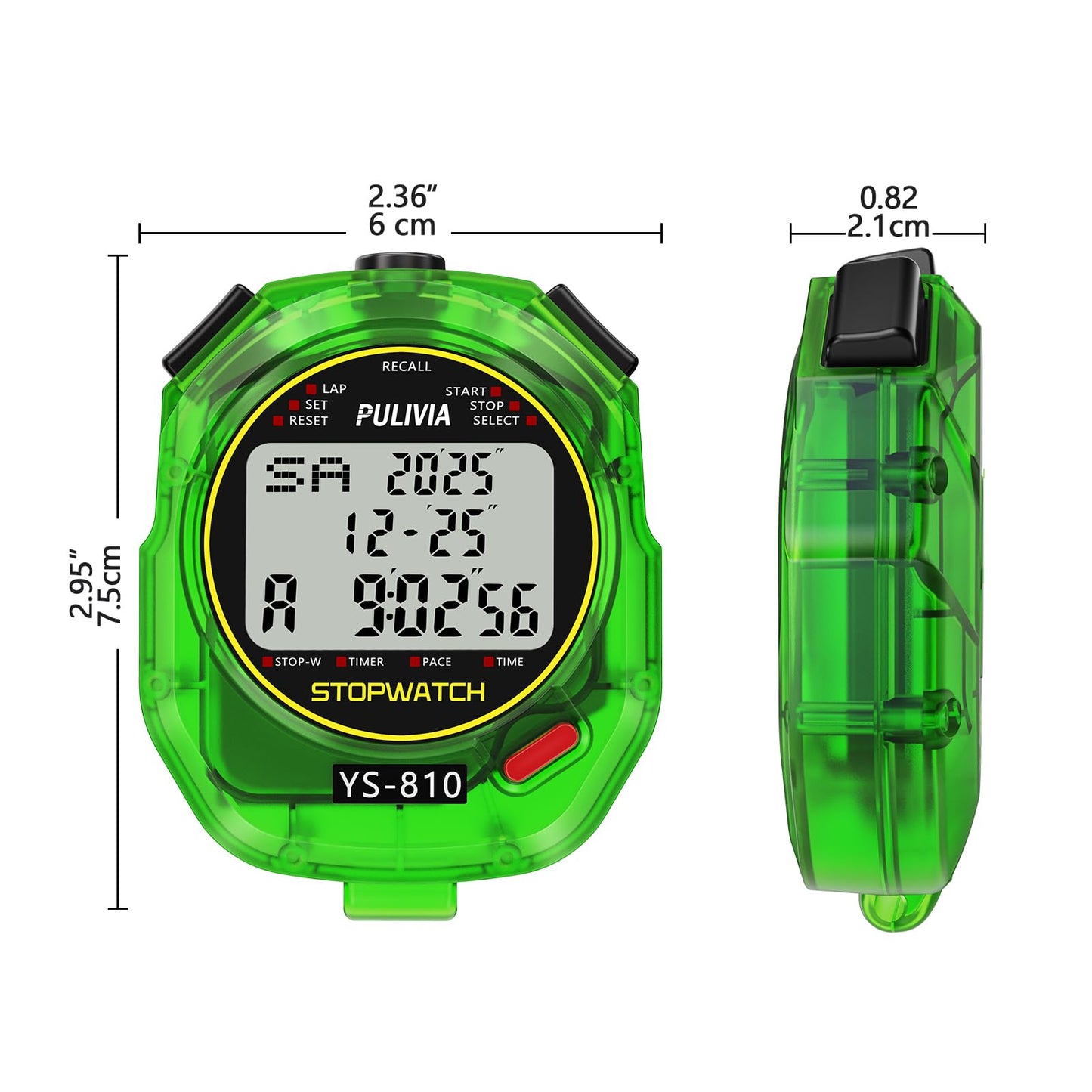 PULIVIA Stopwatch Timer 10 Splits/Laps Digital Stop Watch for Sports, Countdown Alarm Clock Date Memory Recall Large Display, Stopwatch for Coaches PE-Teacher Referee, Green