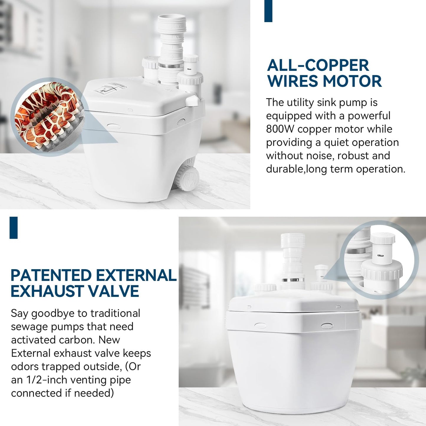 Upgraded 1 HP Utility Sink Pump with PCB Function Upflush to 36FT 2200GPH Under Sink Pump with 3 Water Inlets 1 Outlets Macerating Toilet System for Sink Shower Wash Bin Urinal Kitchen Basement