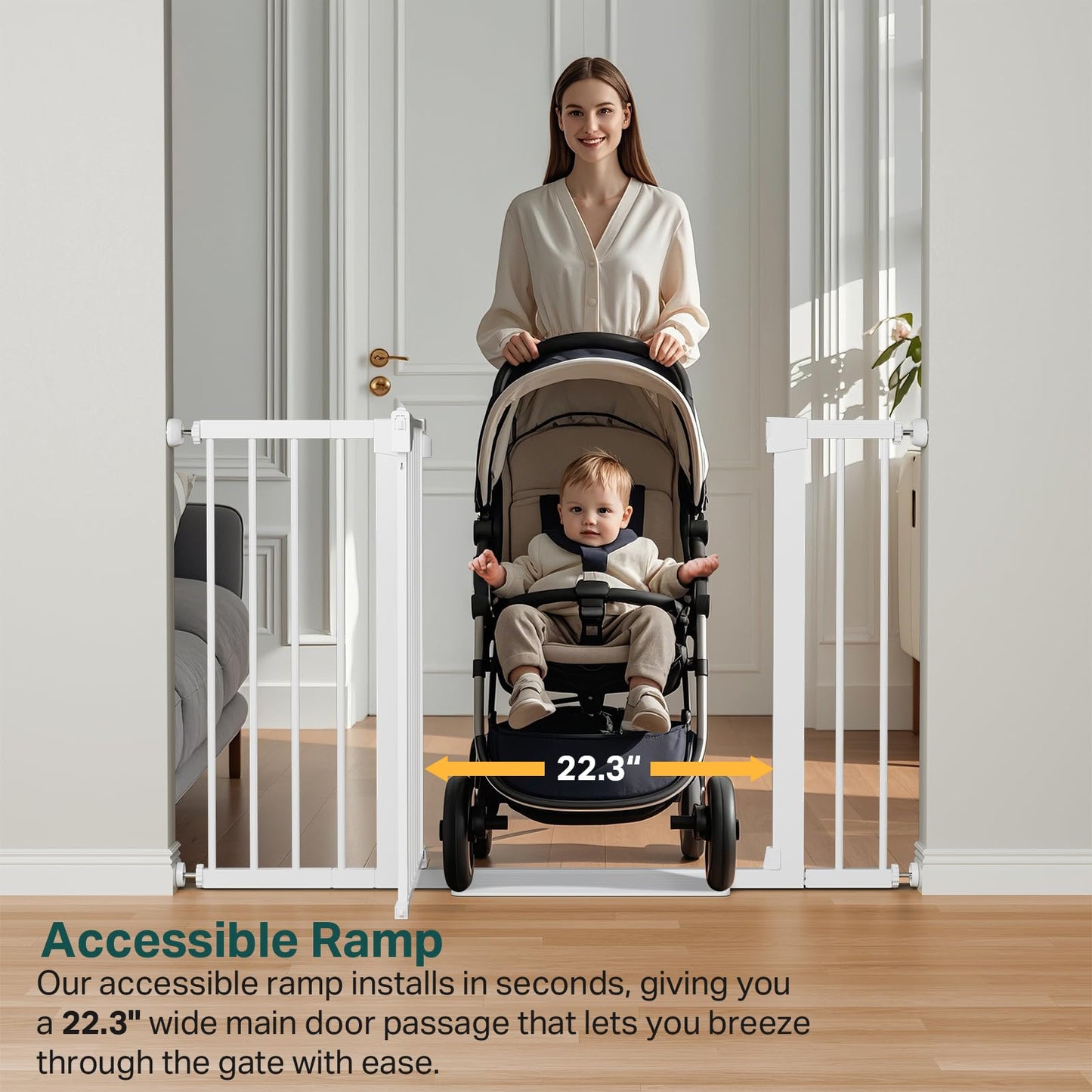 Cumbor 29.7-48" Baby Gate for Stairs, Mom's Choice Awards Winner-Dog Gates for Doorways, Auto Close Safety Pet Gate for Dogs Indoor, Easy Install Pressure Mounted Child Gate with Walk Thru Door, White