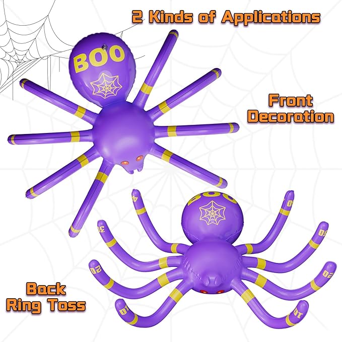 Halloween Spider Ring Toss Game, 2 Pack Inflatable Green and Purple Spiders with Rings and Pump, Fun Halloween Party Games for Kids Outdoor Trick or Treat Toys Carnival Decorations Party Favors