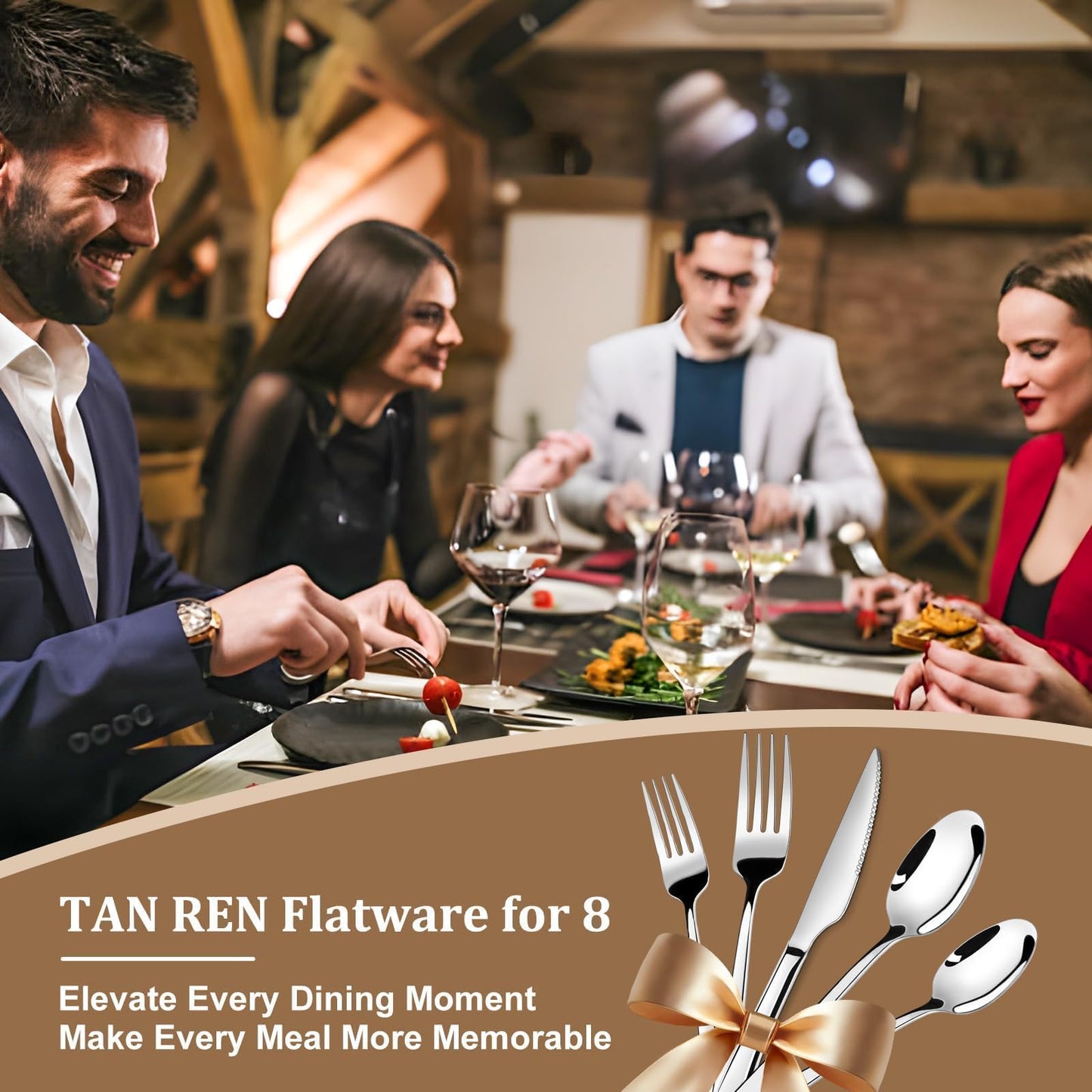 TAN REN Silverware Set for 8, 40-Piece Stainless Steel Flatware Sets, Heavy Duty Forks and Spoons Silverware Set with Dinner Knives, Mirror Polished Cutlery Sets, Dishwasher Safe Kitchen Utensils