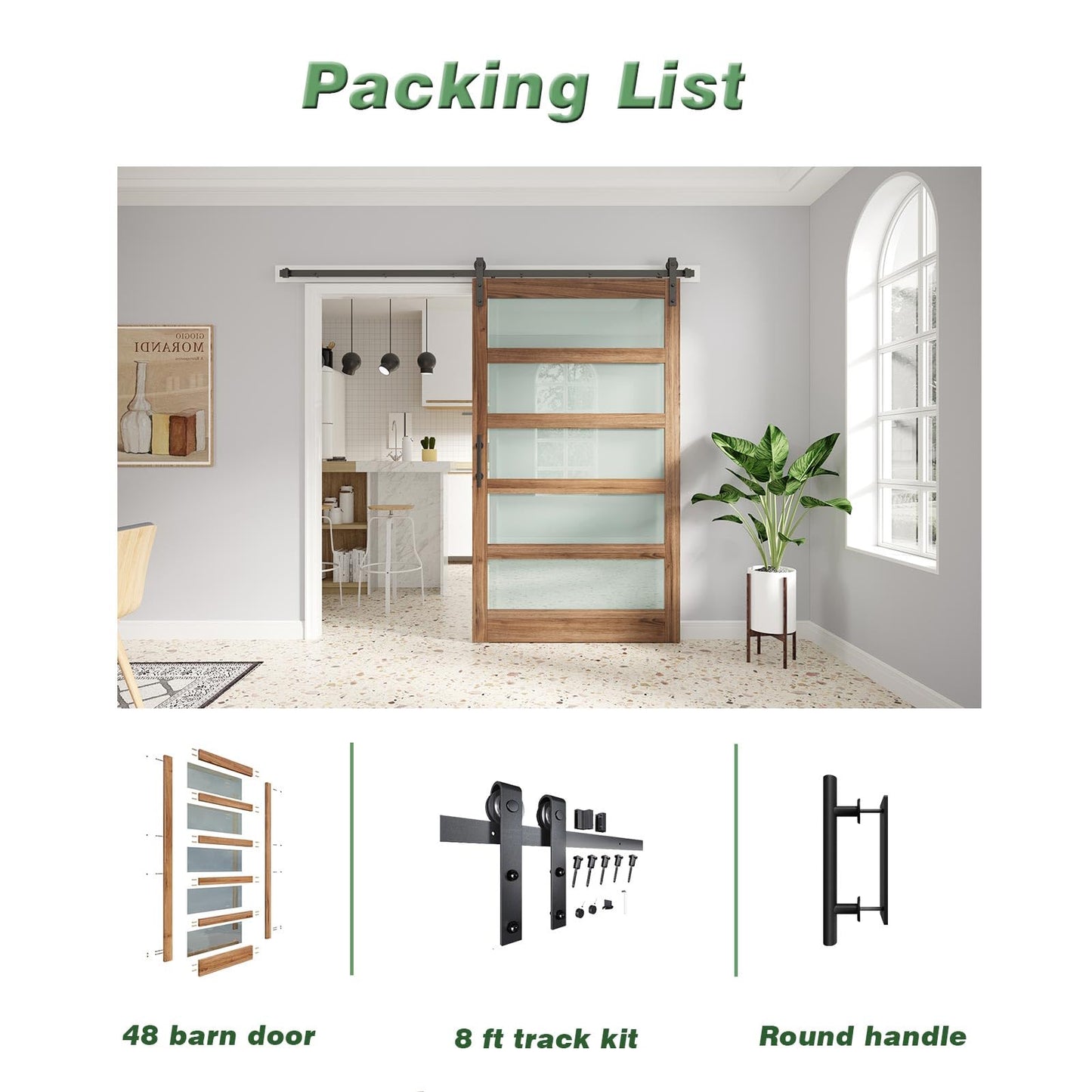 FREDBECK 48 x 80 inch Glass Barn Door with 8FT Barn Door Hardware Kit & Handle Included,5-Panel Frosted Glass,Wood Panel, Water-Proof Surface,Pre-Drilled Holes,Need Assembly