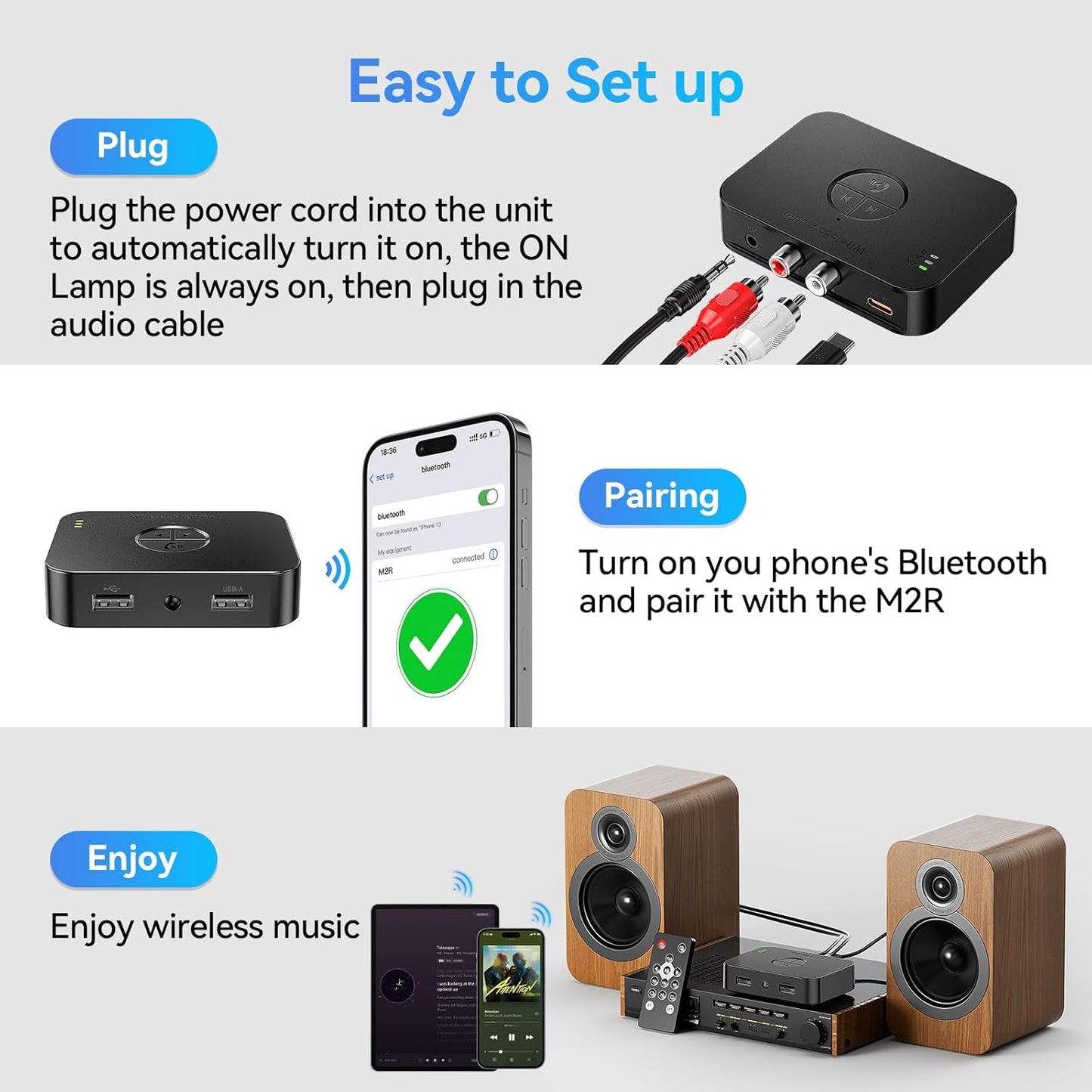 MOREGAX M2R 5.4 Bluetooth Receiver for RCA Adapter for Stereo/Speaker/Wired Speaker/Home Audio Music Streaming Stereo