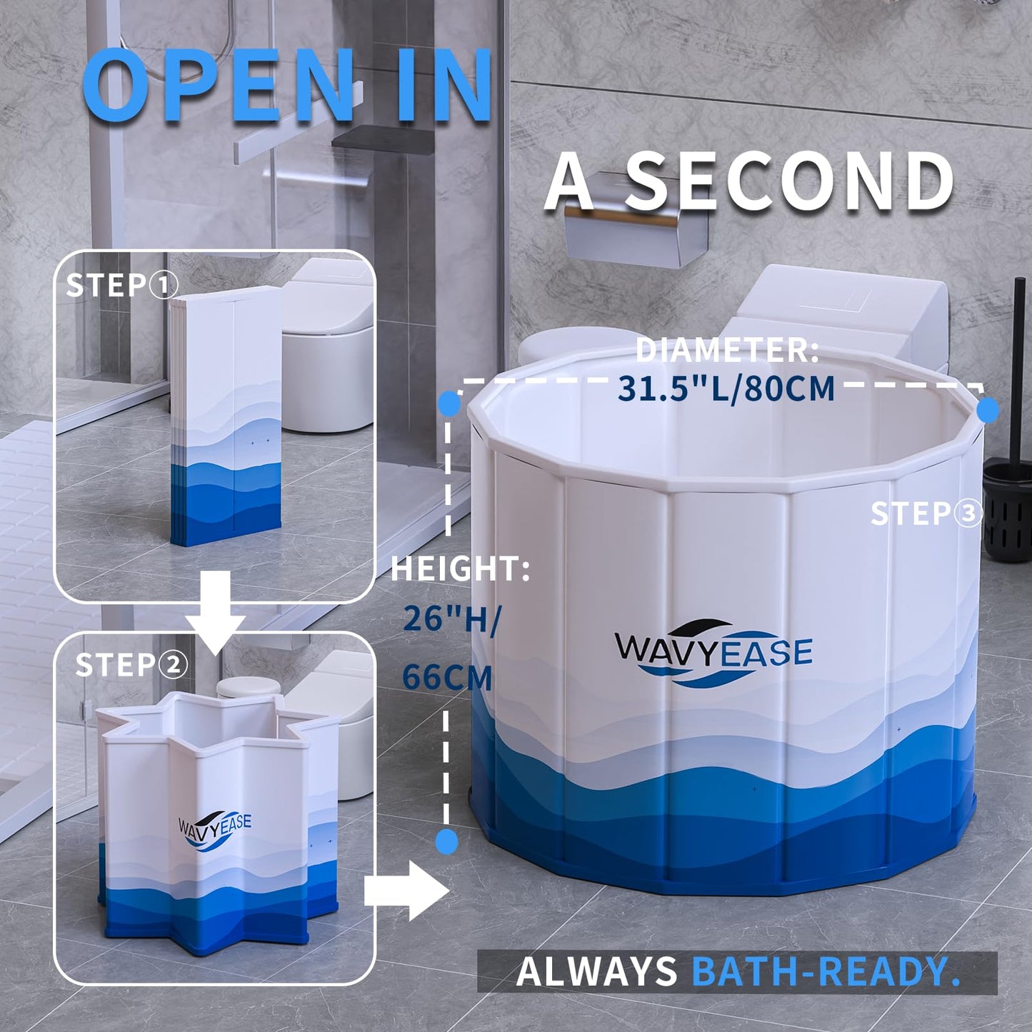 WAVYEASE® Portable Bath Tub for Adults -(31.5"L x 26"H) Foldable Cold Plunge Tub for Recovery - Collapsible Soaking Bath Tub for Shower Stall - Outdoor Ice Bathtub for Athletes (White)