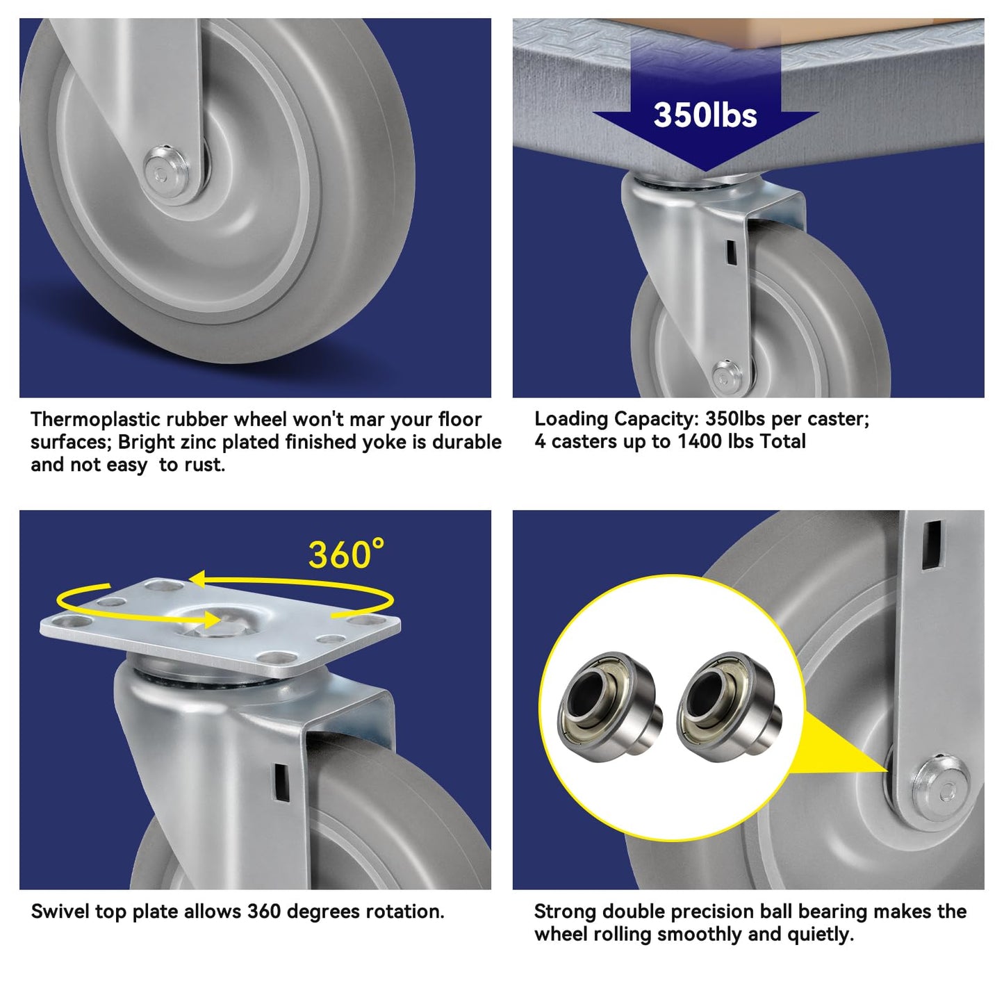 NINOSO Caster Wheels, 5" Heavy Duty Industrial Casters Set of 4 with Load 1400lbs Capacity, Wheels for Cart Furniture(2 Swivel & 2 Rigid)