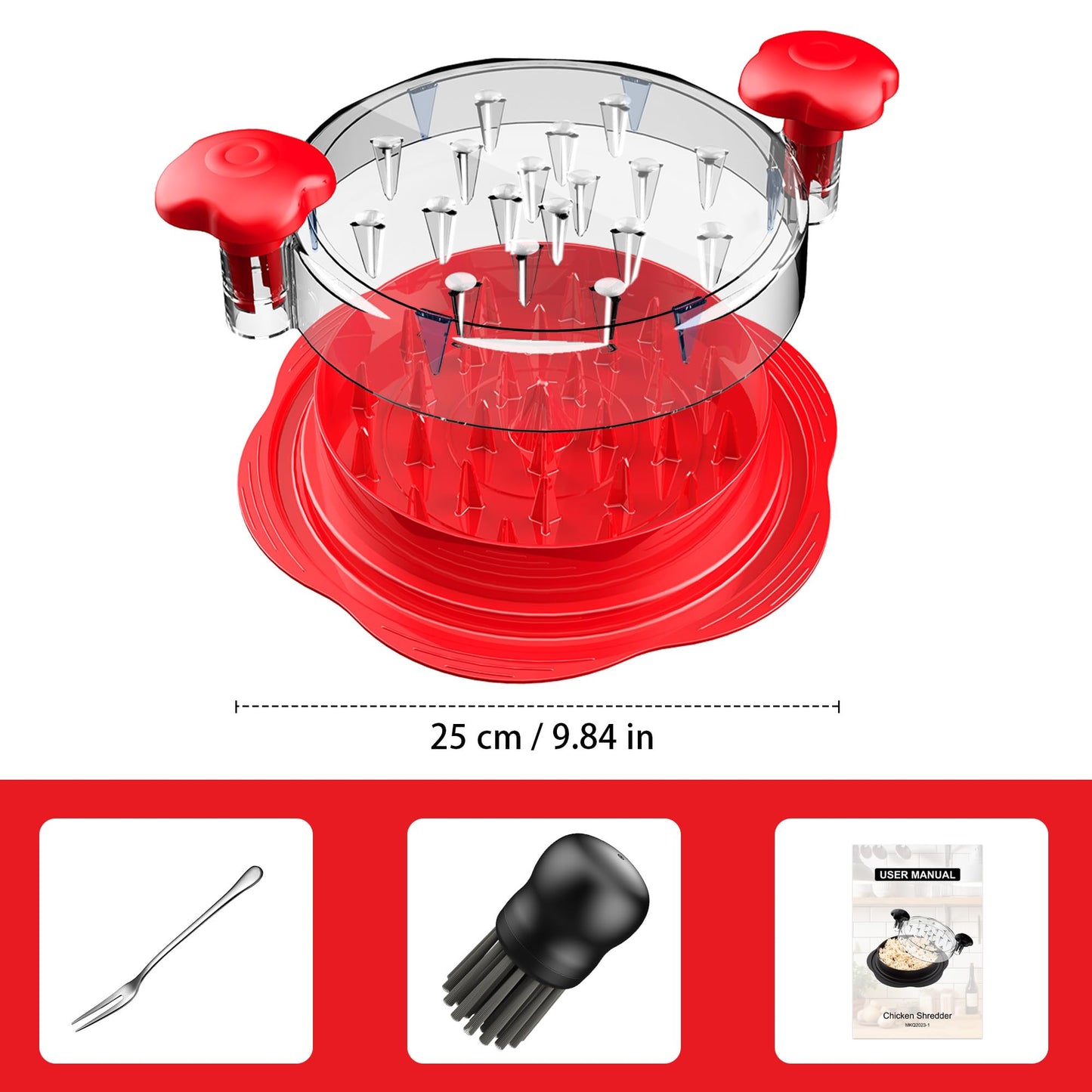 SURETIVIAN Chicken Shredder Tool Twist Large Chicken Breast Shredder with Brush&Fork, Visible Meat Shredder Machine, Anti-Slip Strip, Ergonomic Handle, BPA Free, Suitable for Pork Beef Chicken(Orange)