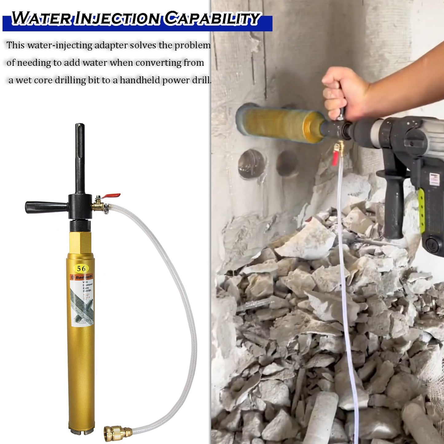 DaduoRi 7" Wet Core Drill Bit with Water Injection Capable Adapter for SDS Plus Shank - Includes Solid Brass Quick Connector and Hose - Convenient 1 1/4"-7 Thread Core Bit with Water Feed Design