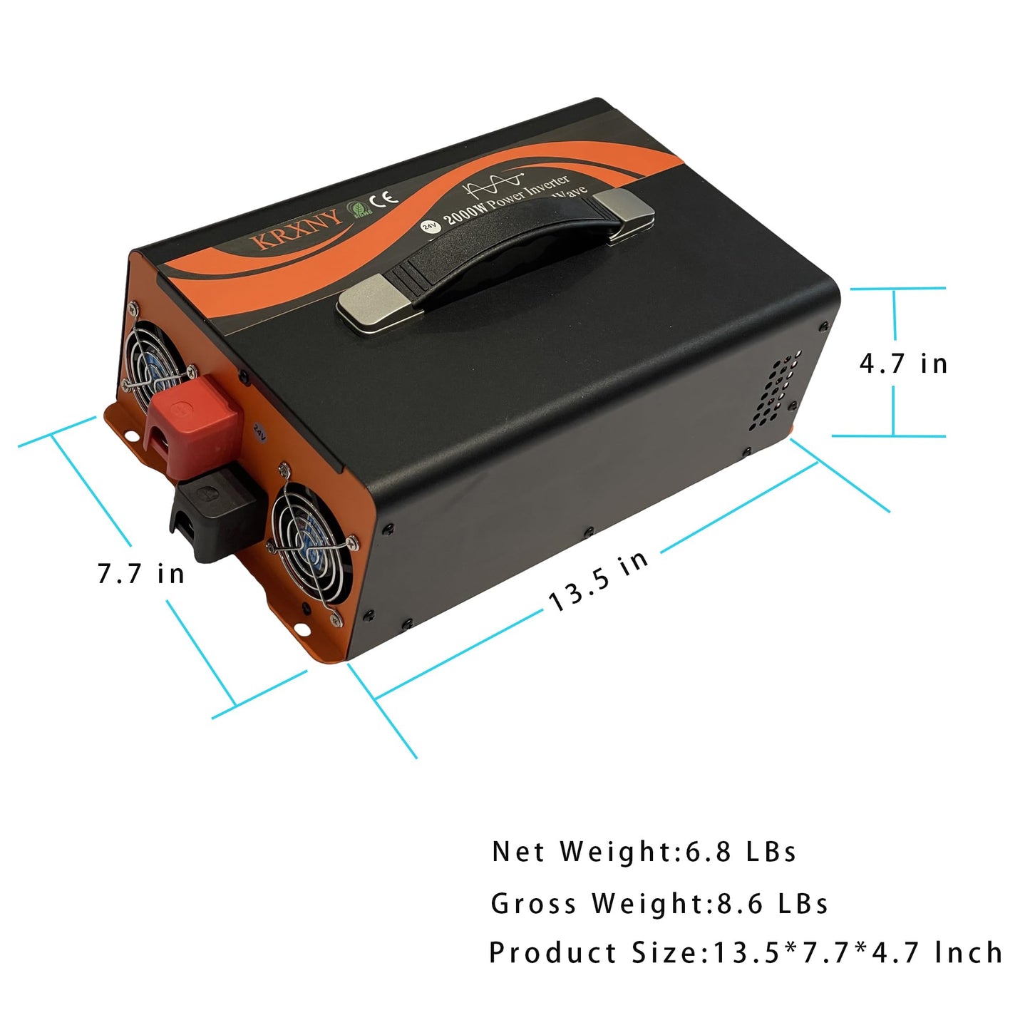 KRXNY 2000W Power Inverter Converter 24V DC to 110V 120V AC Pure Sine Wave LCD Display for Car Truck RV Camping Off Grid Home Solar System with Handle