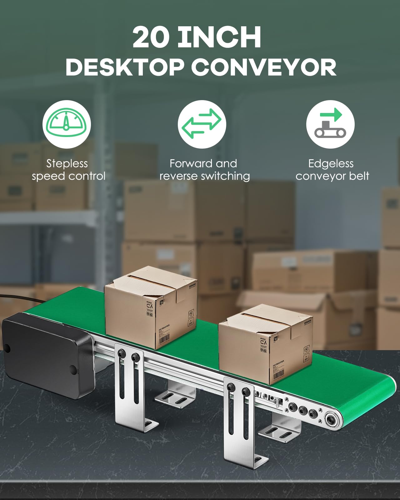 Moonshan Belt Conveyor 20 inch Conveyor Desktop Version with Reverse Switch Step-Less Speed Adjustment PVC Belt Conveyor for Packaging Factory, Production Line, Home