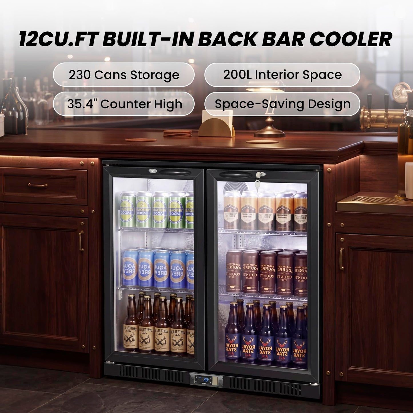 35.42" W Commercial Under Counter Beverage Refrigerator, 2 Glass Door Back Bar Cooler, Built-in/Freestanding 7.4Cuft Drink Fridge with LED Light, Auto Defrost, Low-E Glass & Safety Lock, Rebound door
