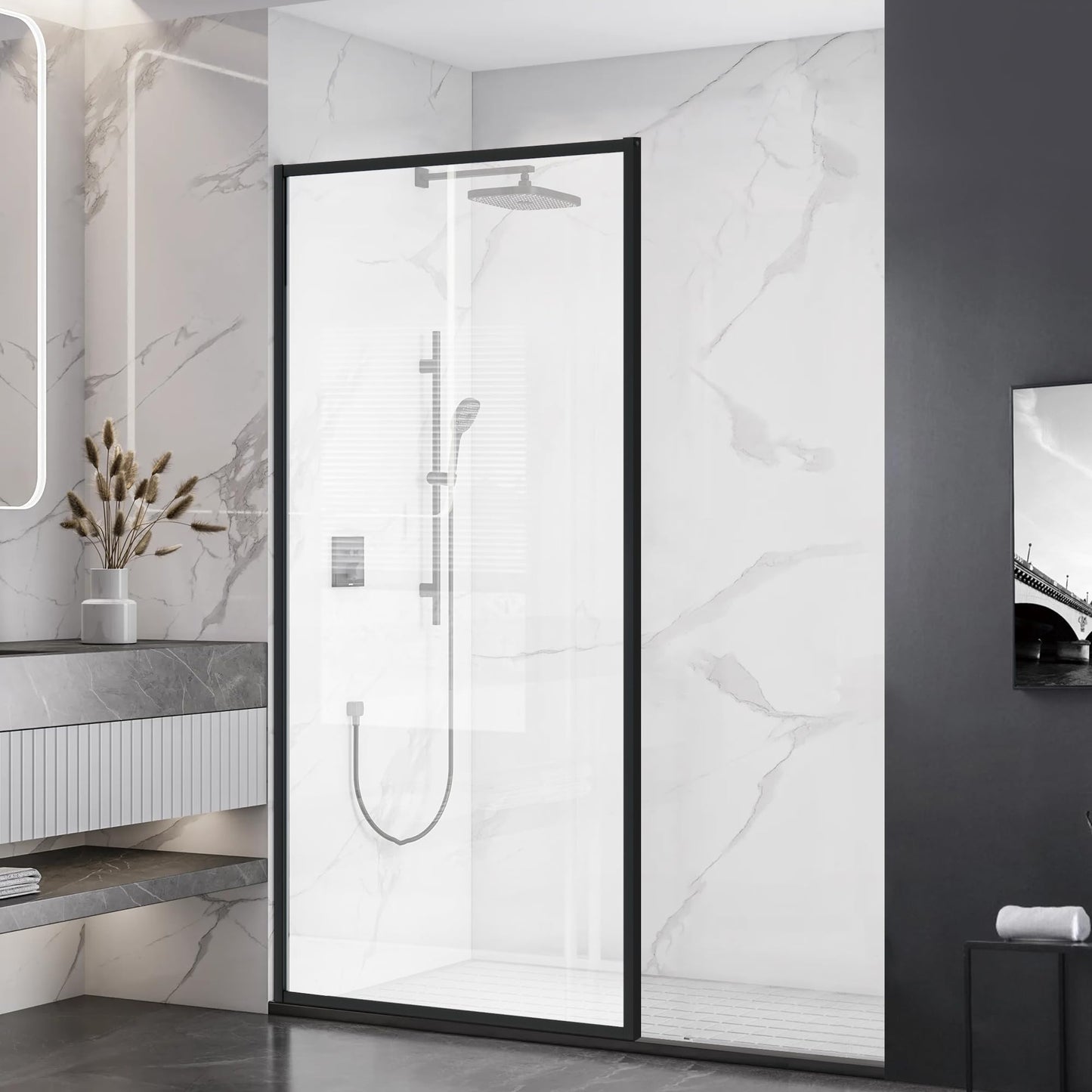 Shower Framed Glass Panel, 48" W x 74" H Shower Screen, 5/16" (8mm) Tempered Glass Shower Door, Fit for Walk-in Bathroom, Matte Black Fixed Shower Door