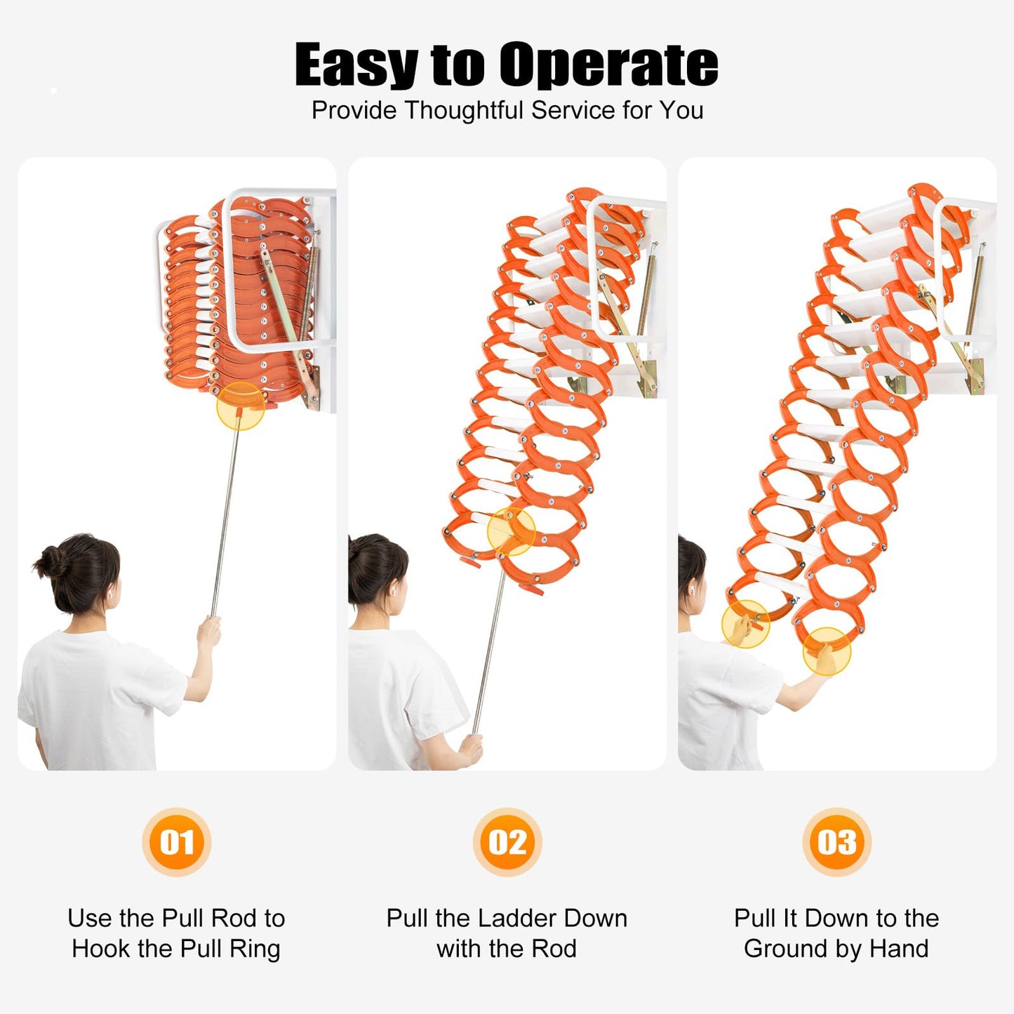 12 Steps Wall Mounted Attic Loft Ladder, Alloy Retractable Telescoping Ladder with Handrails, Folding Ladder Loft Stairs 880lbs Capacity, Attic Pull Down System for Height 9.5-10.17ft, Orange