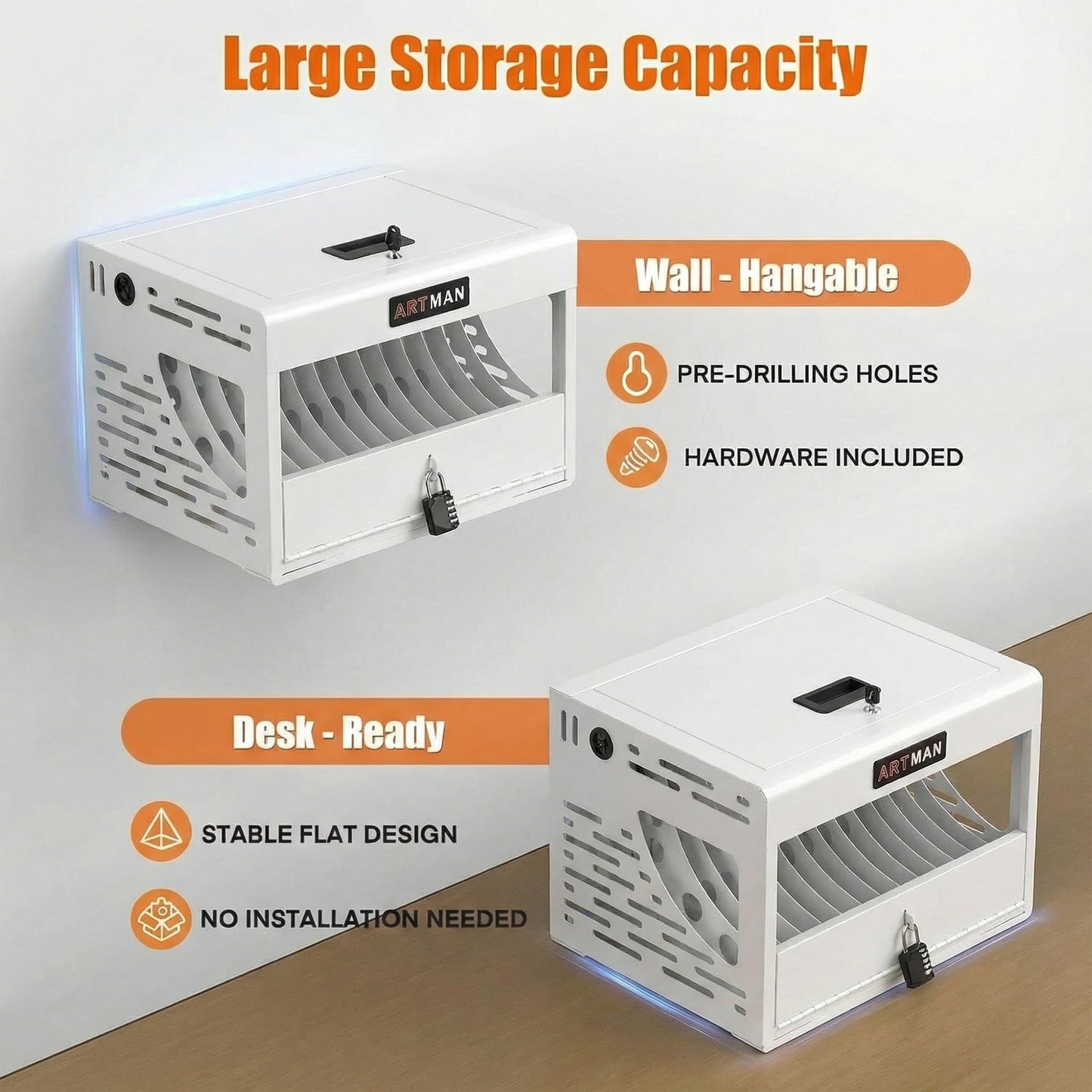 16 Device Charging Station for Laptops/Tablets/iPads/Chromebooks,16 Bay Wall-Mount Lockable Charging Cabinet with Cable Management & Power Organization,Fully Assembled Storage Cart (16 Bay-White)