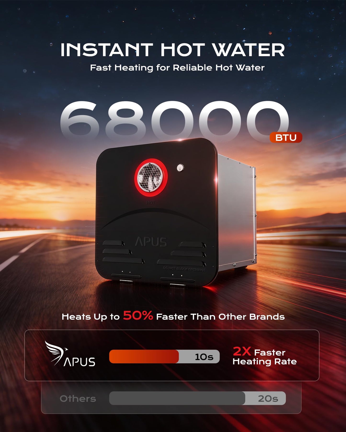 APUS RV Tankless Water Heater, 68,000 BTU Propane Gas On Demand Hot Water with Black Door&Remote, 12V, 3.9 GPM, High Altitude Ready, CSA Certified, Compatible with All RVs,Ideal for RV Family & Camper