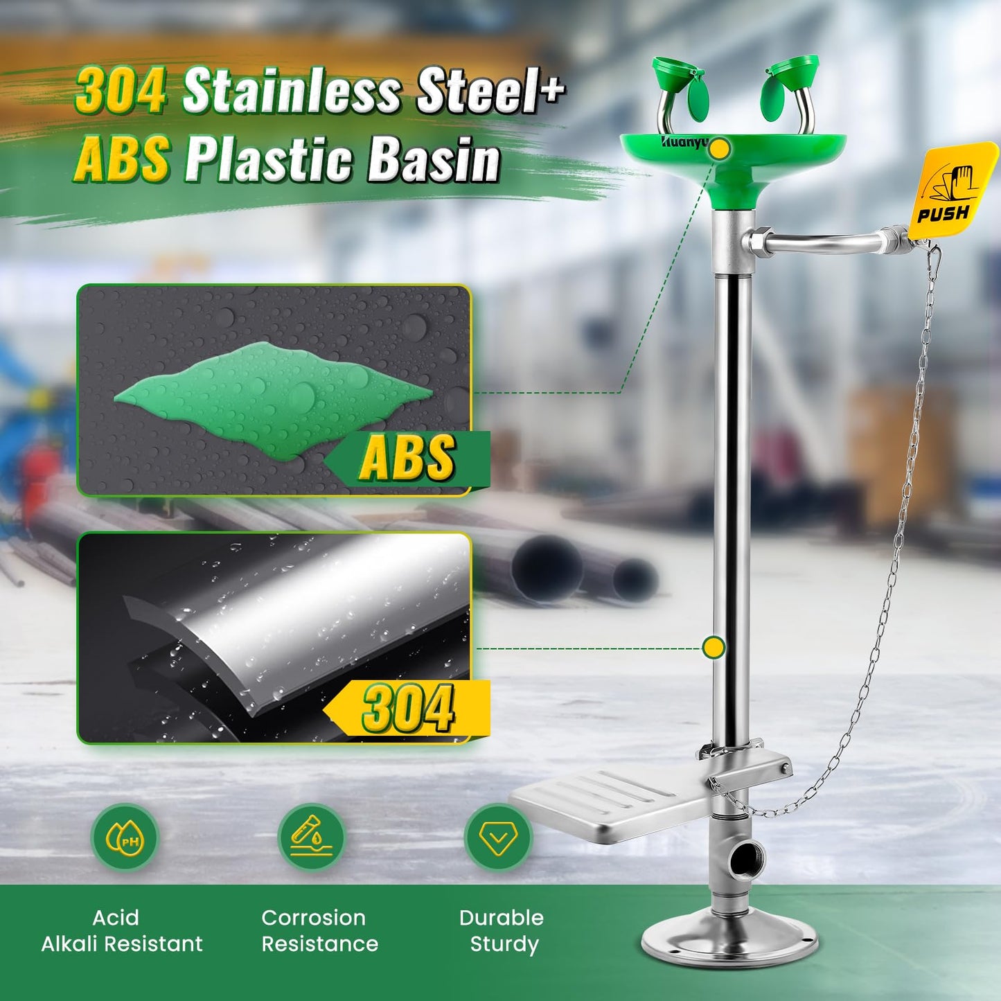 Huanyu Emergency Eye Wash Station Floor Mount Adjustable Water Flow Stand Up Eye Wash Station Eyewash Stations Stainless Steel Eye Wash Units Factory (1202-1 Green)