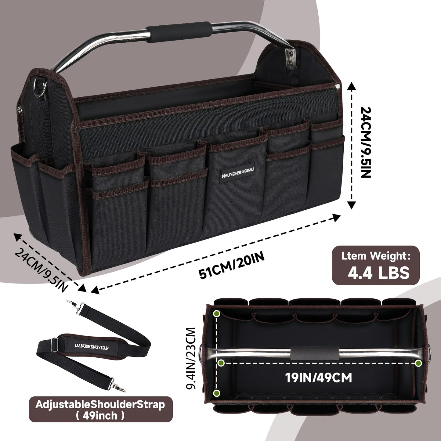 20 In Tool Carrier, Open Top Tool Tote 30 Pockets, Waterproof Tool Bag For Men, Foldable Wide Mouth Electricians Tool Bag, With Stainless Steel Handle and Removable Shoulder Strap